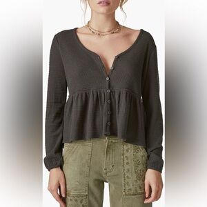 Lucky Brand 🍀 Peplum Jersey Waffle-Knit Button-Down Babydoll Blouse | Women’s XL